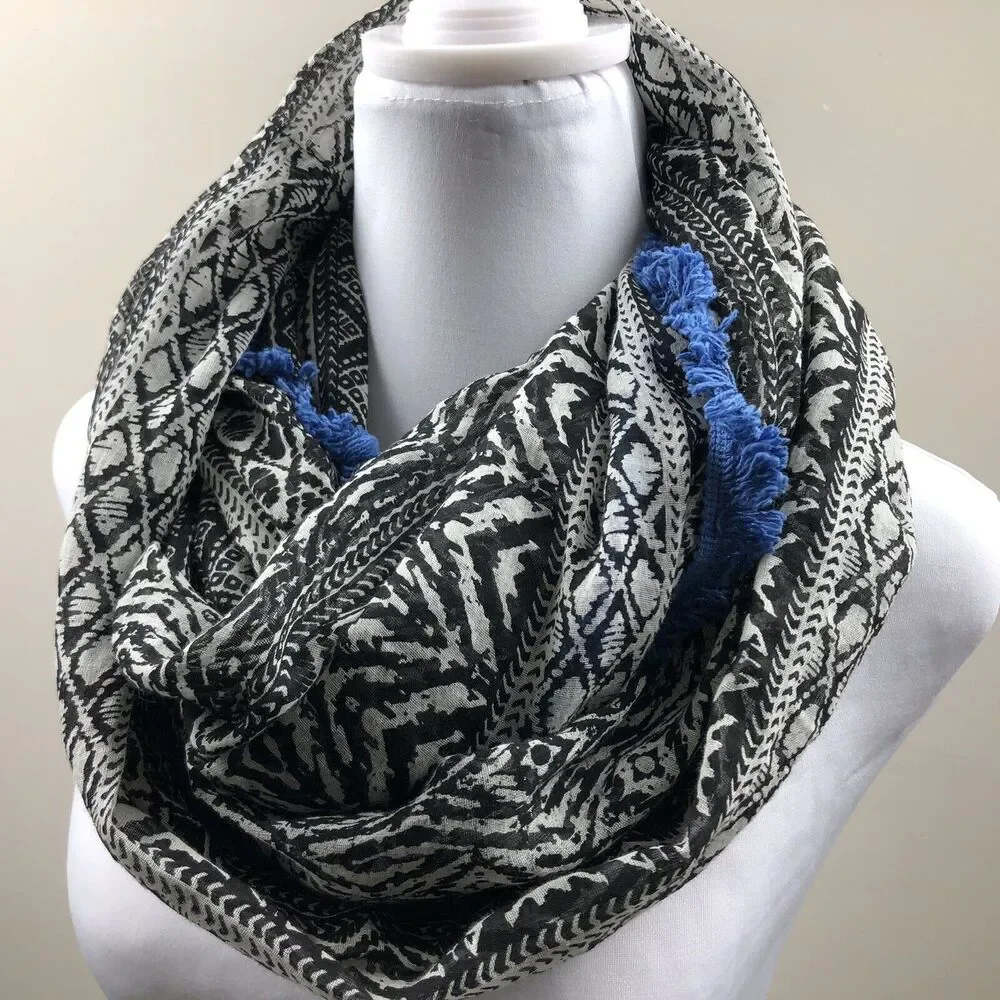 American Eagle Infinity Scarf B/W Sheer Blue Crochet Trim Boho Aztec 100% Cotton